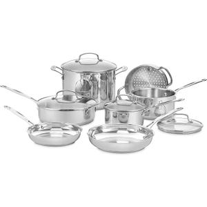 Cuisinart Chefs Classic 11-Piece Stainless Steel Pots and Pans Set, Cookware Set Compatible with Induction, Electric, Gas Cooktops, Aluminum Core for Even Heat, Cool Grip Handles, Dishwasher Safe