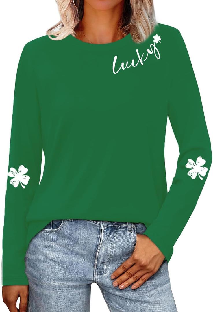 St Patricks Day Shirt for Women Lucky Shamrock T-Shirt Long Sleeve Irish Clover Heart Tee Top (XX-Large, Green4)