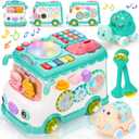 AmiDear Baby Gift for 1-2 Year Old Girl, 10-in-1 Montessori Toys Bus for Baby 6-12-18 Months+, First Christmas and Birthday Gifts, Blue Educational Musical Sensory Learning Toddler Toys Age 1-2