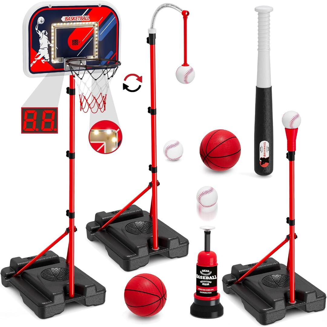 4 in 1 Kids Basketball Hoop and Tball Set 3-5, Basketball Goal with Scoreboard&LED, Hanging Tee Ball Stand with Baseball Pitching Machine, Indoor Outdoor Sport Toys for Boys 4-8