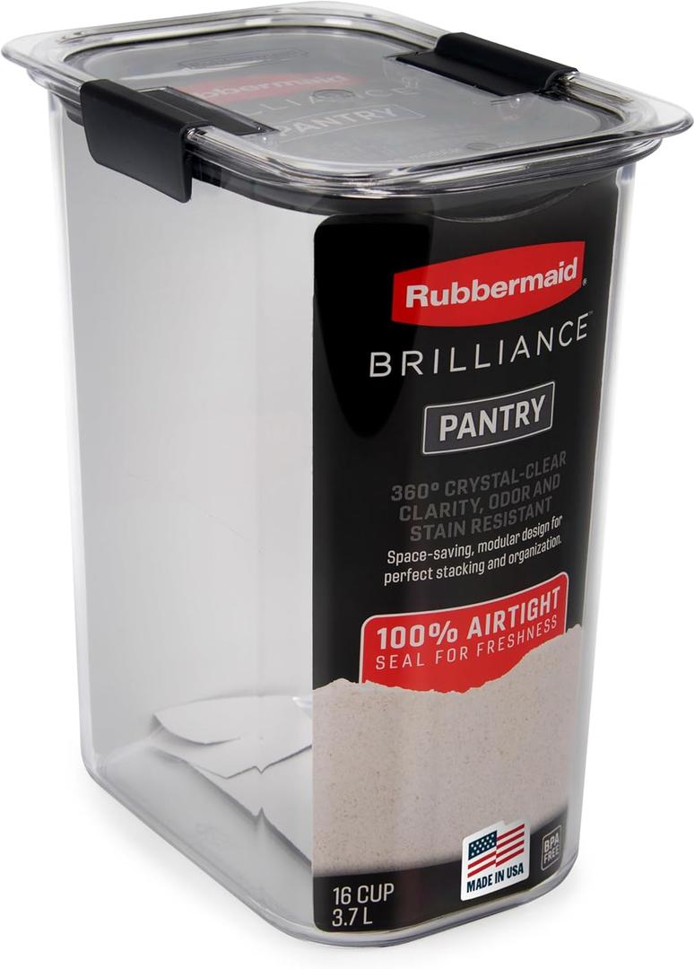 Rubbermaid Brilliance 16-Cup Airtight Food Storage Container with Lid Clear/Grey - optimal for pantry organization flour sugar and food storage (Set of 1)