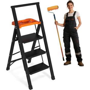 Aluminum 3 Step Ladder with Tool Tray - 600lbs Heavy Duty Lightweight Step Stool with Extended Handrails, Work Platform for Home Maintenance & DIY Projects (Black&Orange)