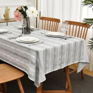 Limalred Farmhouse Striped Embroidery Rectangle Tablecloth, Openwork Heavy Weight Linen Wrinkle Resistant Table Cloth Coffee Table Cover for Home Party Banquet Decor 52 x 70  Inch Grey