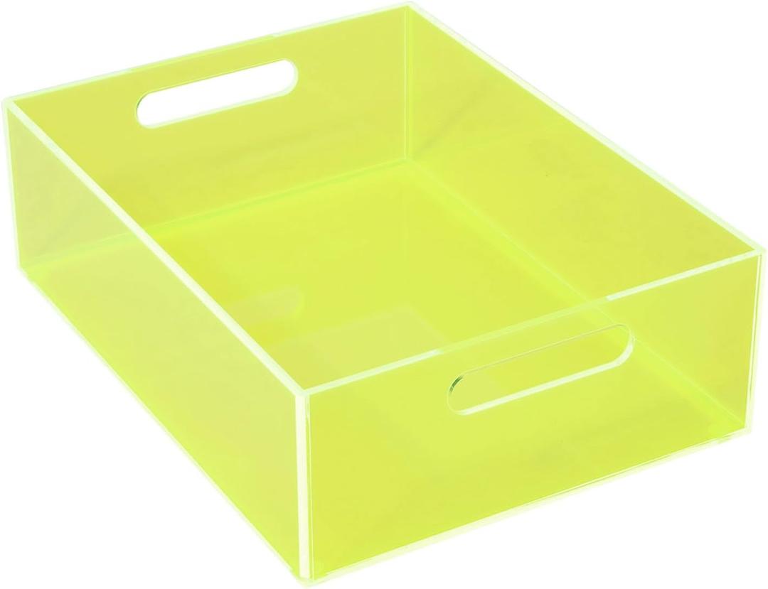 Acrylic Storage Bin Pantry Storage Container with Handles Kitchen Organizer Bin for Cabinet Cupboard Organization, Heavy Duty, 12.6 x 9.4 x 4'', Neon Green (Medium)