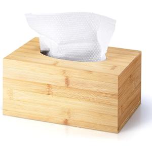 Rectangular Tissue Box Cover, Bamboo Tissue Box Cover Rectangle Tissue Box with Slide-Out Bottom Decorative Cube Facial Tissue for Bathroom Bedroom Dinner Table Office Tabletop