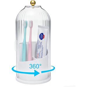 Rotating Toothbrush Holder with Cover - 360 3-Slot Bathroom Organizer for Toothbrush, Makeup Brushes, Razor. Features Detachable Drainage Base & Anti-Slip Pad for Countertop.