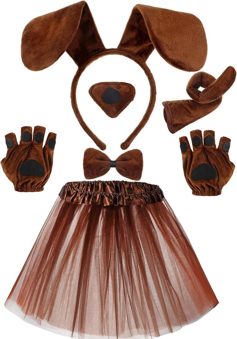 Zhanmai Puppy Dog Tutu Skirt Animal Costume Set Puppy Ears Headband Bow Tie Paw Gloves Tutu Skirt for Carnival Party(Classic Style,Dark Brown)