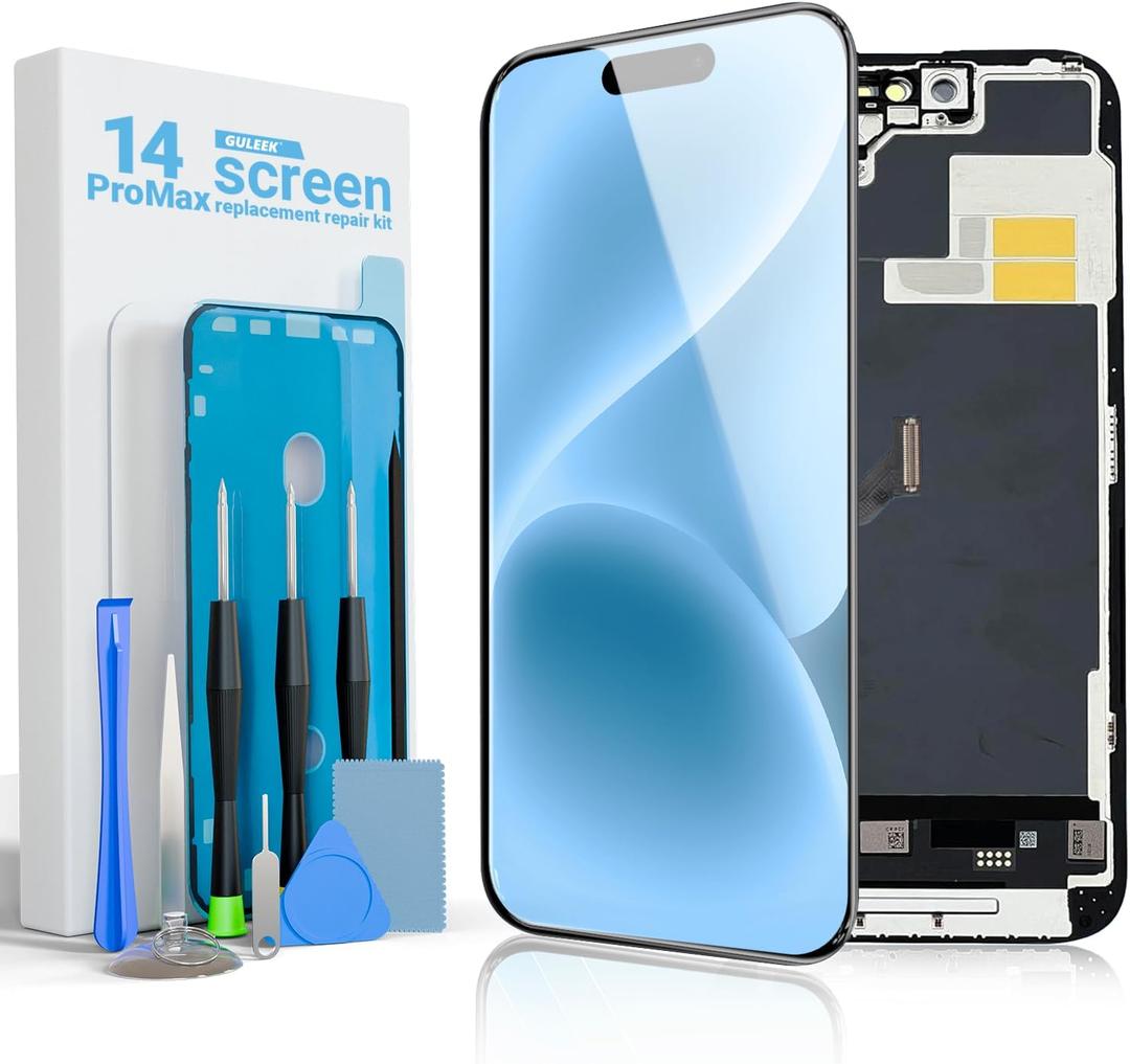 for iPhone 14 Pro Max Screen Replacement, 6.7 Inch Full HD LCD and Touch Digitizer Assembly Includes Repair Toolkit, Waterproof Adhesive, and Tempered Glass Screen Protector