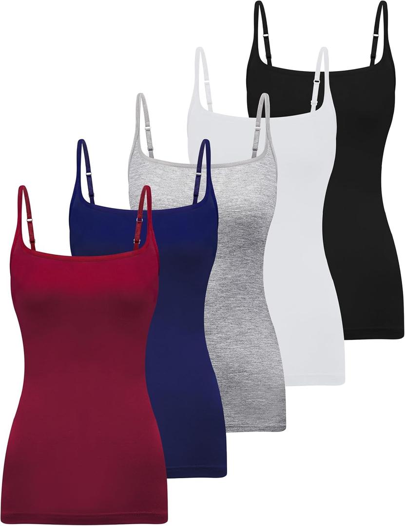 BQTQ 5 Pcs Womens Camisole Square Neck Camisoles Spaghetti Strap Camisole Slim Fitted Basic Camisole Top (Small, Black, White, Gray, Darkred, Navy)