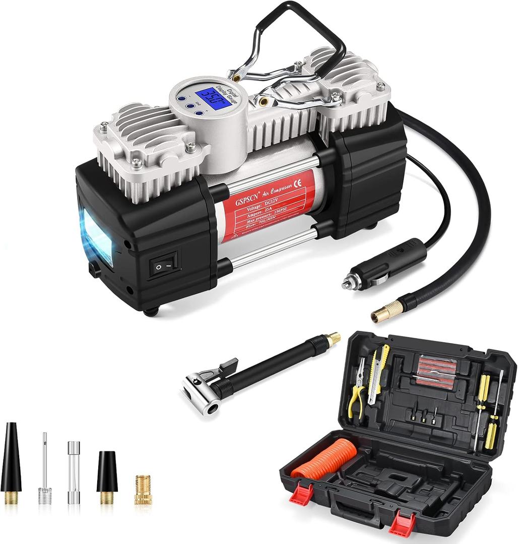 GSPSCN 6X Faster Inflation Portable Digital Air Compressor Pump Tire Inflator Heavy Duty Double Cylinder 12V Tire Pump 150 PSI with Tire Repair Kit and Toolbox for Auto,SUV,Off-Road,Truck,RV