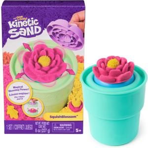Kinetic Sand, SquishBlossom Blooming Flower with 8oz Neon Yellow & Pink Play Sand, Pot & Molds, Gifts for Mom & Kids, Arts and Crafts Sensory Toys