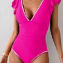 Aidonger Women's One Piece Ruffle Swimsuit Tummy Control Bathing Suit V Neck Shell Stitched Swim Suit Slimming Swimwear (Pink, S)