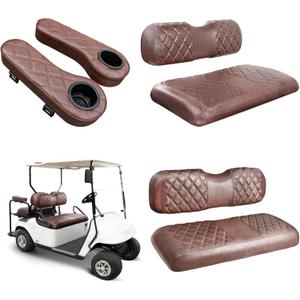 NOKINS Golf Cart Seat Covers for EZGO TXT 1994-2013/EZGO RXV, Vinyl Front&Rear Seat Cover with Flip-Up Armrests kit, with Cup Holder, for 1" Square Tube (Brown&Brown 8438)