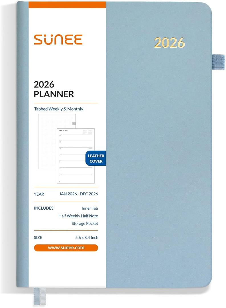 SUNEE 2026 Weekly and Monthly Planner 5.5" x 8.3" (January 2026-December 2026), Half Weekly Half Note, Small Yearly Calendar Planner, Leather Hardcover, 100 GSM Paper, Notes, Inner Pocket, Blue
