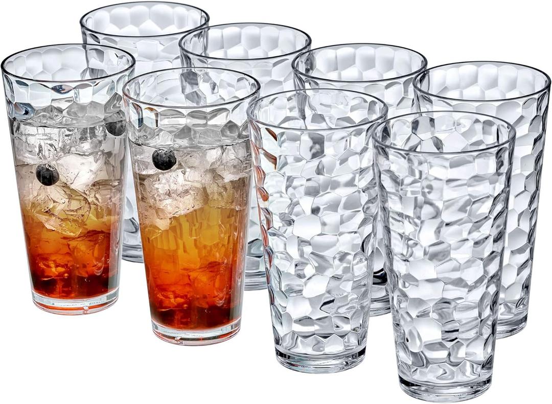 Amazing Abby - Iceberg - 24-Ounce Plastic Tumblers (Set of 8), Plastic Drinking Glasses, All-Clear High-Balls, Reusable Cups, Stackable, BPA-Free, Shatter-Proof, Dishwasher-Safe