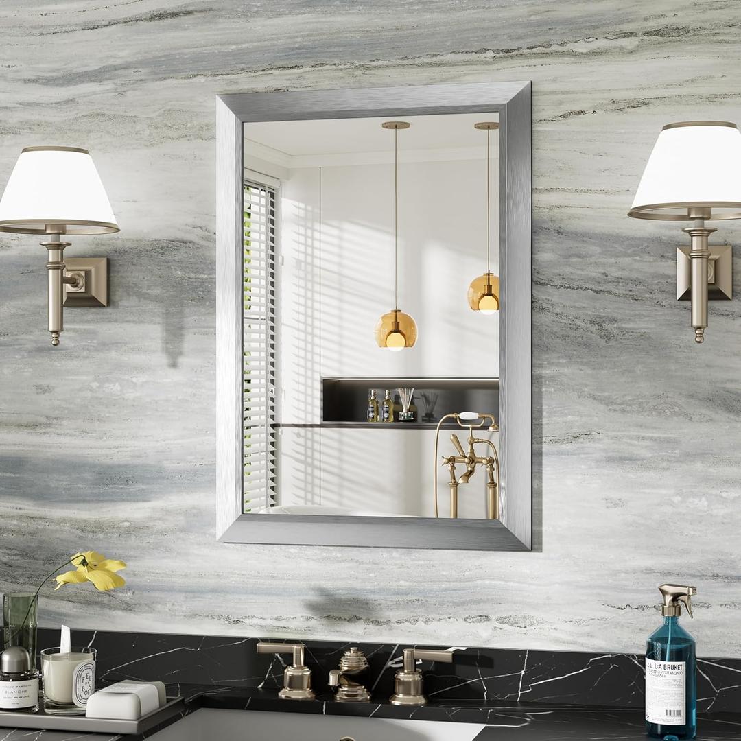 22x30 Inch Brushed Nickel Bathroom Mirror for Wall, Thick Metal Framed Rectangle Mirrors for Over Sink, Bedroom, Living Room, Entryway, Anti-Rust, HD Tempered Glass , Silver