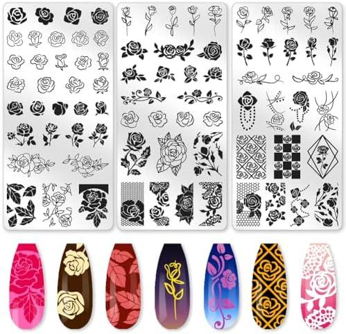 beinkmake 3Pcs Roses Nail Stamping Plate Set Vintage Flower Nail Stamp Templates Elegant Floral Leaf Metal Reusable Tools with Stamper Scraper for Manicure Printing