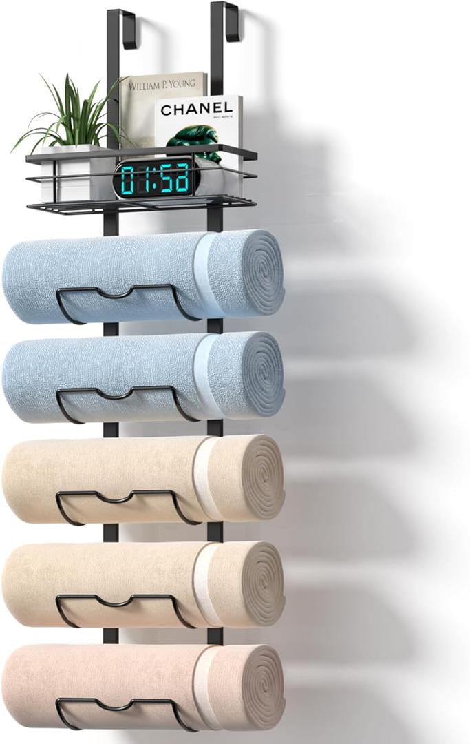 Xstydes 6-Tier Over The Door Towel Rack,Towel Racks for Bathroom, Metal Towel Holder with Storage Basket,Towel Storage for Small Bathroom,Towel Rack for Rolled Towels,Black, TM-6B