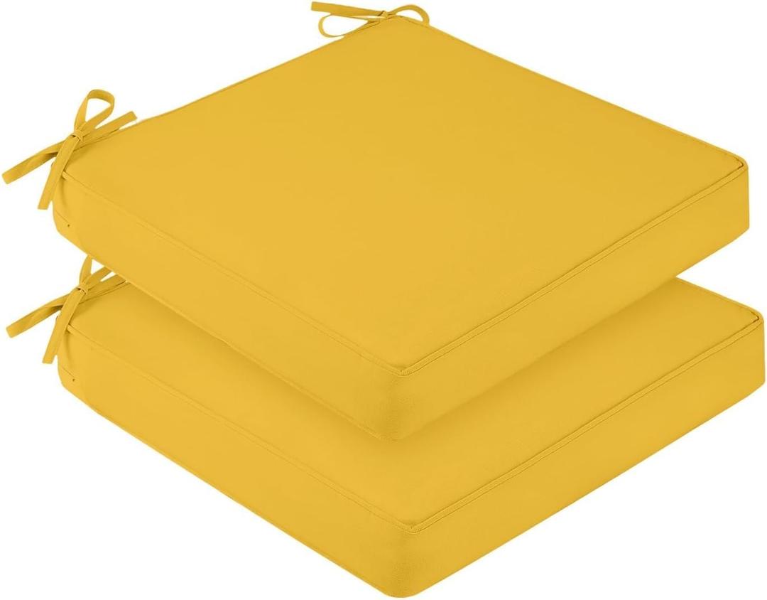 downluxe Waterproof Outdoor Chair Cushions Set of 2, 19" x 19" x 3" Patio Chair Cushion with Non-Slip Ties & Handle, Square Outdoor Cushion for Patio Furniture with Removable Cover, Yellow