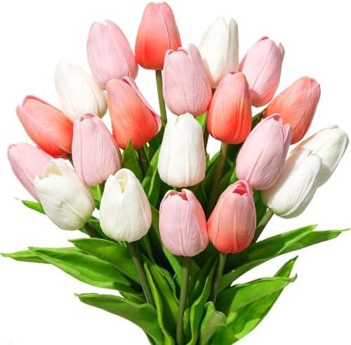 BLISOUL Real Touch Artificial Tulips, 20pcs Fake Tulip Flowers Stem, PU Faux Tulips 13.5” for Mother's Day, Home Decor, Wedding, Easter Valentine's Gift, Table Centerpieces, Pink Series and White