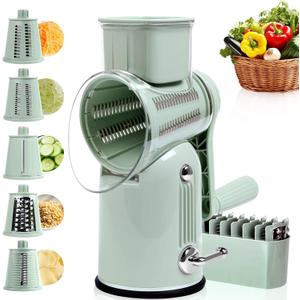 Rotary Cheese Grater with Handle, Vegetable Shredder with 5 Replaceable Blades & Strong Suction Base, Round Food Slicer & Chopper for Kitchen Fruit Vegetables Nuts with Blade Storage Box (Green)