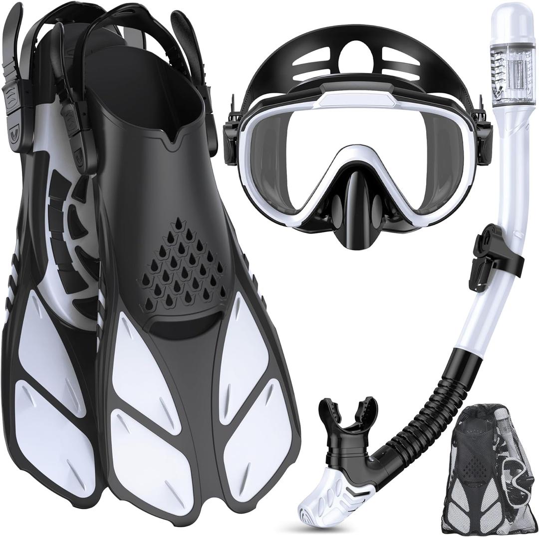 Snorkeling Gear for Adults Men Women,4 in 1 Snorkel Set with Panoramic View Diving Mask Anti-Fog Anti-Leak,Dry Top Snorkel,Fins and Travel Bag for Swimming,Snorkeling and Travel Diving (WHITE)