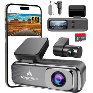 TOPOPFIRES Dash Cam Front and Rear,4K 60fps +1080P Dashcam,Dual Lens Dashcams for Cars with WiFi, Night Vision, 24H Parking Monitor, Loop Recording, G-Sensor, WiFi App Support,64GB Card Included