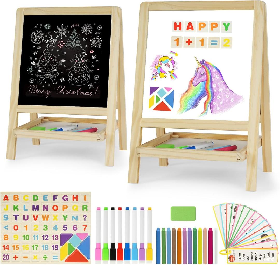 Kids Tabletop Double-Sided Wooden Art Easel - Chalkboard & Whiteboard Painting Board for Toddlers, Dry-Erase Classroom Desk Easel with Chalk, Markers, Eraser, Magnetic Letters/Numbers & Flashcards, 15.1 inches x 10.7 inches x 7.6 inches