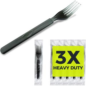 3X Heavy Duty Plastic Forks Individually Wrapped, Sturdy Like Silverware, 100 Pack Black Disposable Forks Bulk, Packaged To-Go Utensil Set, Perfect for Event Catering, Restaurant and Take Out.
