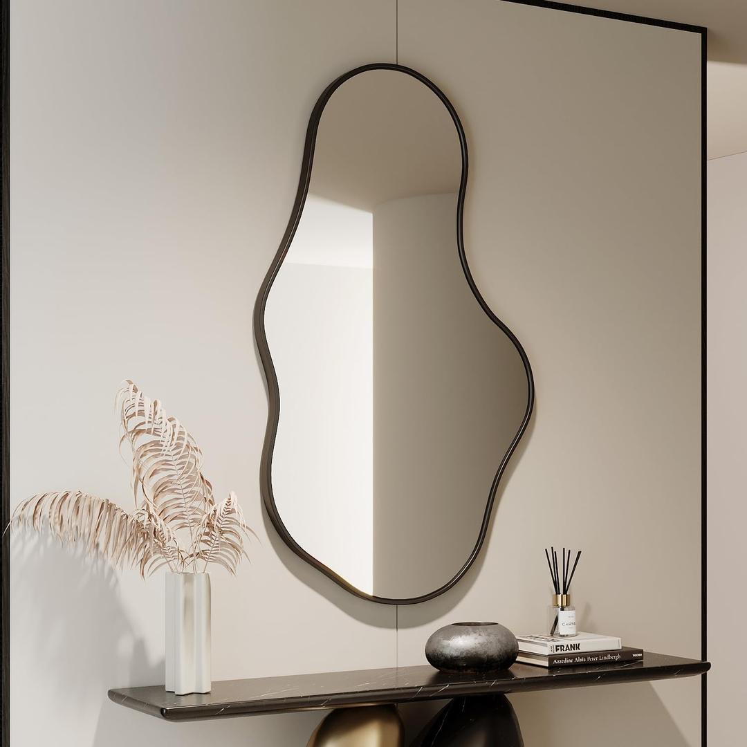 Irregular Wall Mirror - Black Wall Mirrors Decorative 24"x 40" Wavy Asymmetrical Abstract Mirror Aviation Aluminum Alloy Frame Unique for Vanity, Entryway, Bathroom, Bedroom, Living Room, Cloakroom