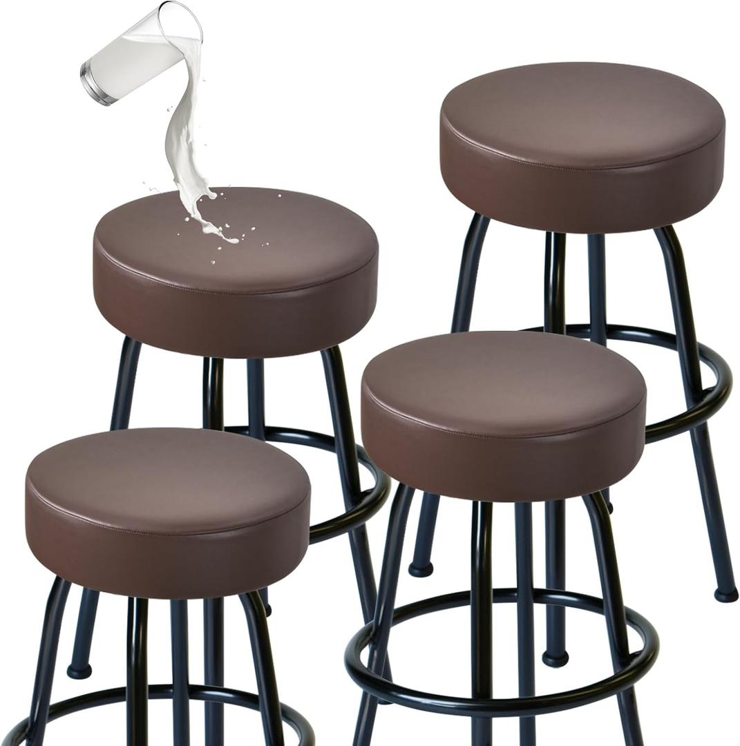 FUANGUI Bar Stool Covers Round Set of 4, Waterproof PU Bar Stool Seat Covers with Elastic Bands,Bar Stool Chair Covers Washable Stool Slipcover for 16-18 Inch - Coffee