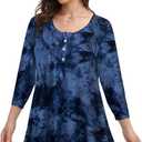 MONNURO Womens Plus Size Henley Shirts Button Up V Neck Pleated Tunic Tops Casual Blouse 3/4 Sleeve (Blue, XXXL)