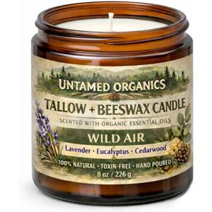 Untamed Organics Grass-Fed Tallow Candle, Essential Oil Scented (Lavender Eucalyptus Cedarwood), No Synthetic Fragrance, Non-Toxic, 100% Cotton Wick, Hand Poured, 8 oz Amber Glass Jar, 50+ Hr Burn