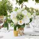 AmyHomie Green White Artificial Flowers Combo Silk Mix Peony Rose Fake Flowers w/Stem for DIY Wedding Bouquets Centerpieces Arrangements Table Fall Decor Party Bridal Baby Shower Home Decorations