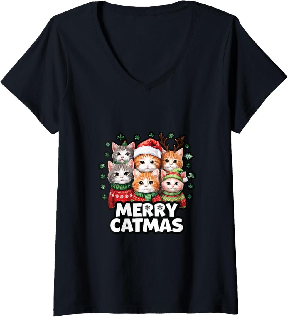 Womens Merry Catmass V-Neck T-Shirt, S