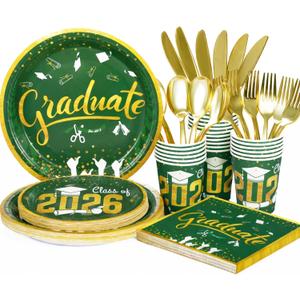 Graduation Plates and Napkins 2026 Graduation Party Supplies - Green and Gold Paper Plates Tableware Set for Congrats Grad Graduation Party Decorations, Serves 24