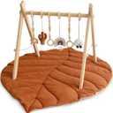 Razee Wooden Baby Play Gym Activity Mat, Leaf Shaped Play Mat Baby Gym with 6 Hanging Sensory Toys Foldable Baby Gym Newborn Infant Baby Use (Khaki)