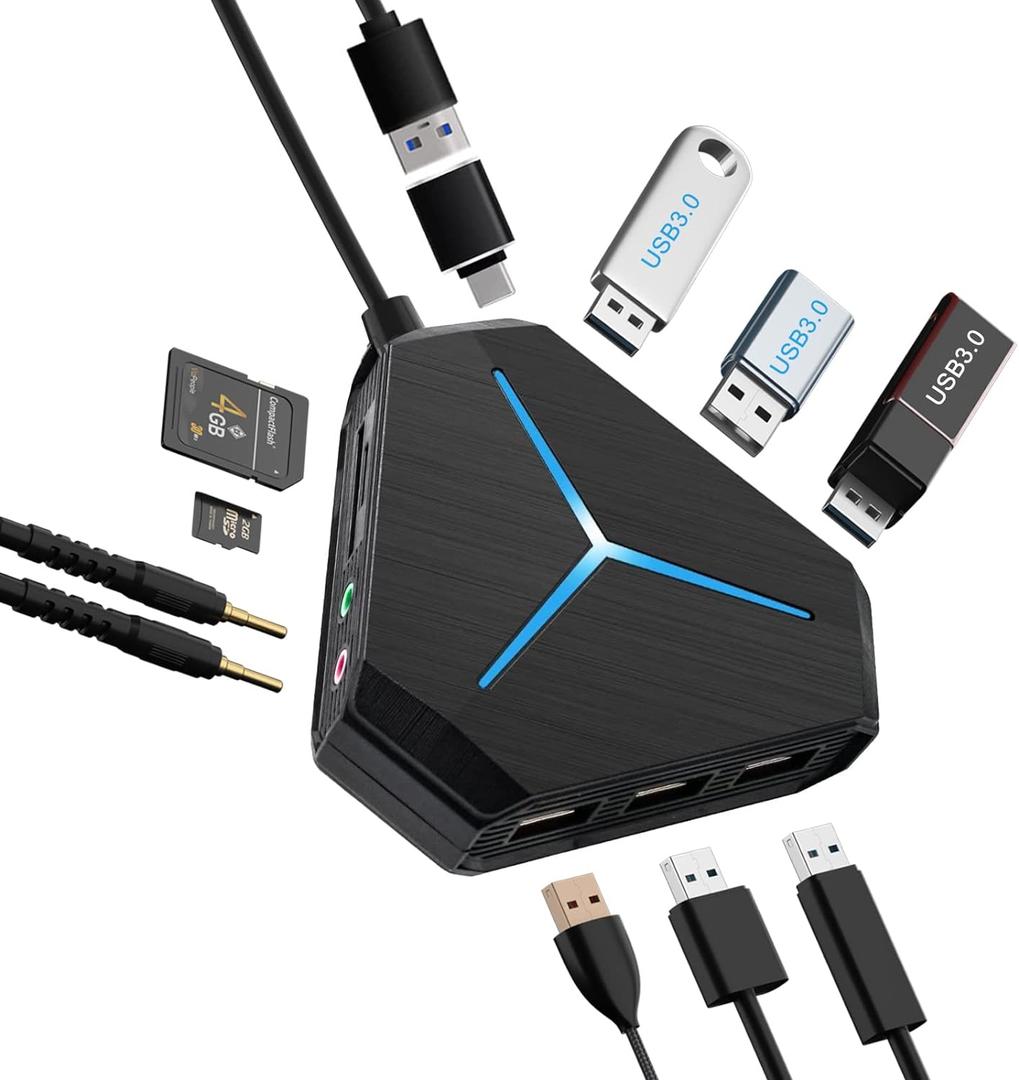 10-Port USB Hub 3.0/2.0, USB C Hub with 3.2ft/1m Long Cord, SD/TF Card Reader, USB Splitter for Laptop, Keyboard, Mouse, Mac, PC, Ipad Pro, Surface Pro and USB C Devices