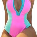 ODASDO Women One Piece Swimsuit Tummy Control Halter Neck Zip Front Monokini Color Block Rash Guard Swimwear Bathing Suit (Small, Pink)