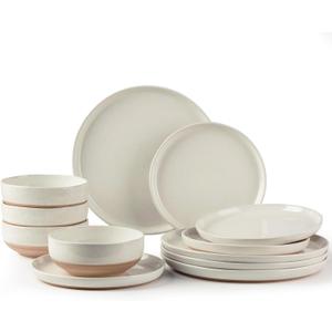 AmorArc Ceramic Dinnerware Sets, Handpainted Plates and Bowls Set with Rustic Terracotta Underside, Scratch Resistant Stoneware Dishes Set, Dishwasher & Microwave Safe (Service for 4, Light Beige)