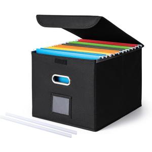 CADONO File Organizer Box with Lid, Large Hanging File Folder Organizer with Plastic Slide, Collapsible Portable Filing Storage Boxes for Office/Decor/Home (Black, 14.9 x 12.59 x 10.8 inch) (1Pack)