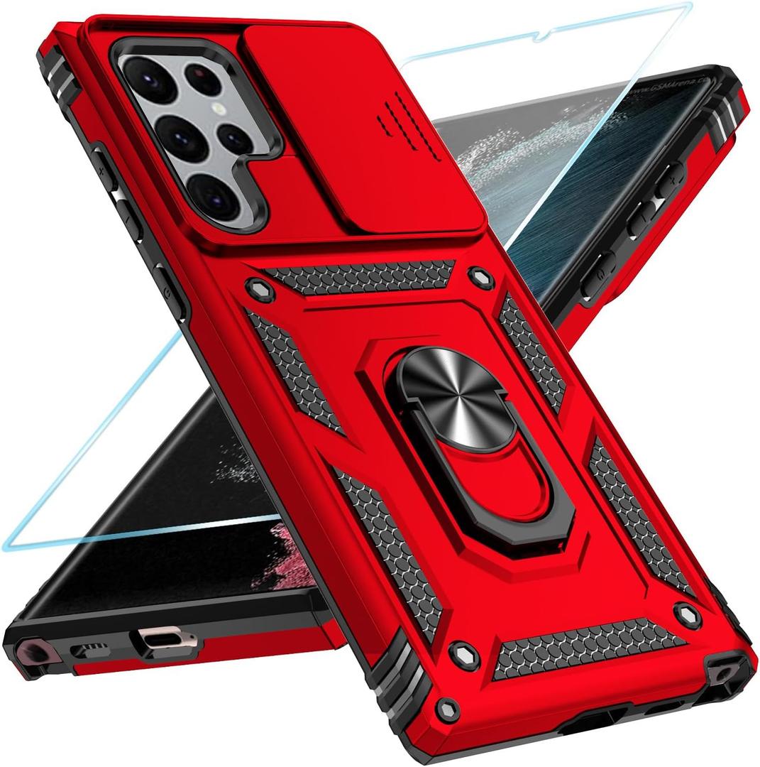 SunStory Phone Case for Samsung Galaxy S22 Ultra 5G Case with HD Screen Protector & Slide Camera Cover & Rotated Ring Kickstand, [Military-Grade] [2 in 1] Phone Case for Galaxy S22 Ultra 6.8",Red