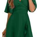 Dokotoo Women's Wrap V Neck Short Flared Sleeve Wedding Guest Dress Smocked Elastic Waist Tiered Belted Ruffle Hem Mini Dress (Green)