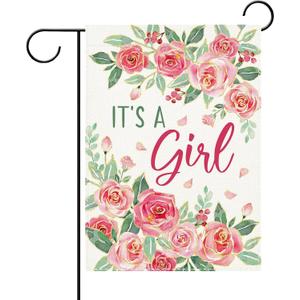 It's a Girl Pink Rose Flower Decorative Garden Flag, New Birth Gender Reveal Small Yard Outside Decorations Gift for New Dad Mom, Baby Shower Baptism Party Outdoor Home Decor Double Sided 12x18