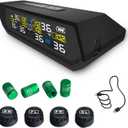 Tire Pressure Monitoring System TPMS, Solar Charge Tire Pressure Monitor with 4 External Sensors & 6 Alarm Modes, 0-99 PSI, Real-time Wireless TPMS for Car Sedan SUV Pickup - with 4 Tire Valve Caps