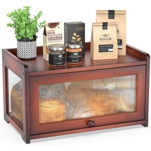 BAMBANG Bamboo Bread Box for Kitchen Countertop, Large Capacity Bread Storage Container Farmhouse Bread Box with 3 Sides Wavy & Back Clear Window, Breadbox Bin Holder for Homemade Bread, Rustic Brown