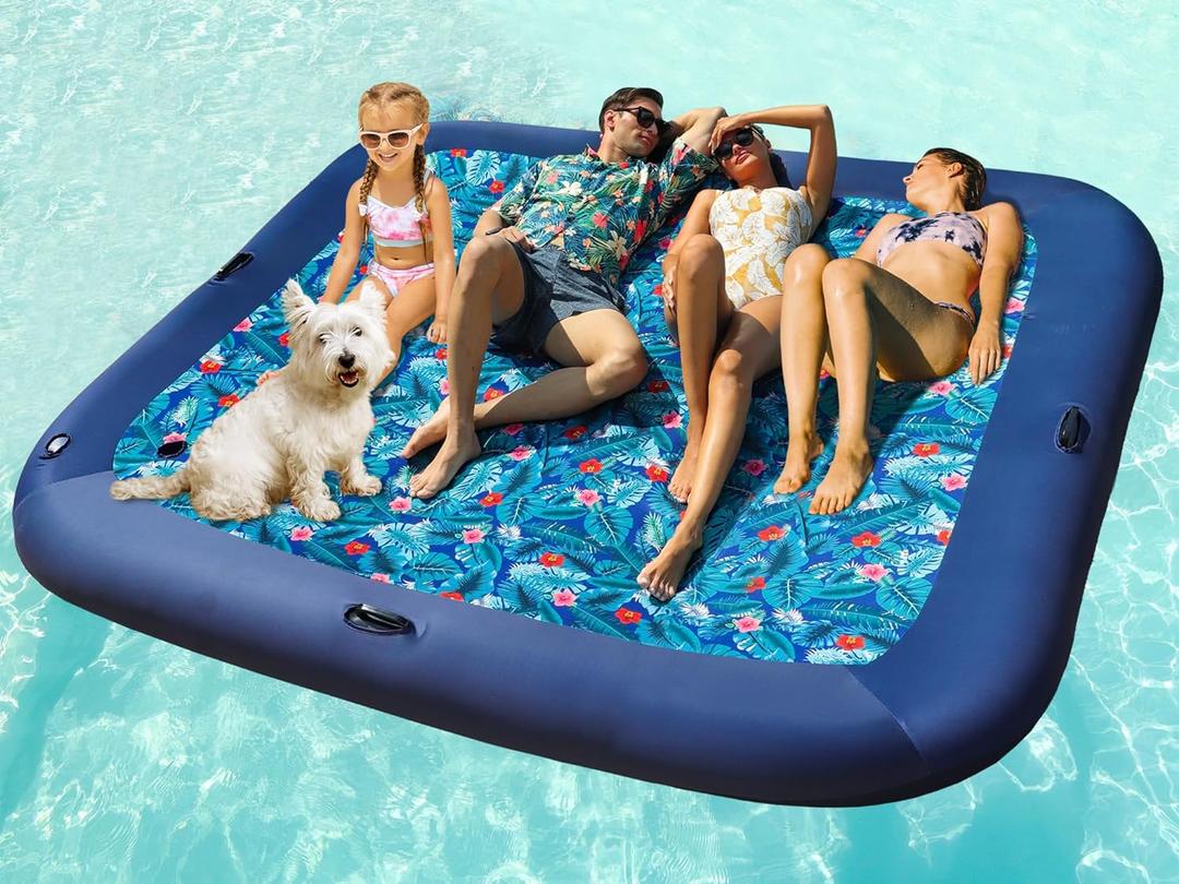 FindUWill Oversized Pool Float Lounge, 72" X 37" Extra Large Fabric-Covered Pool Floats for Adults, Inflatable Contour Lounger with Headrest Ultra-Comfort Cooling Pool Raft (XL, Monstera) (Super Kingsize 4 Person - Tropical Blue)