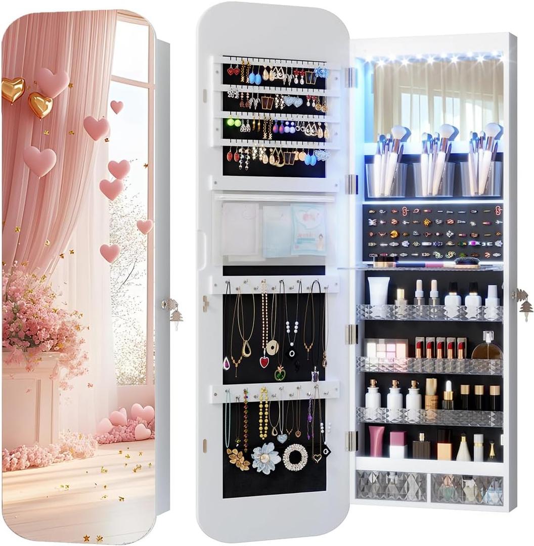 Vlsrka 6 LEDs Mirror Jewelry Cabinet Door Hanging, 47.2" Wall Mounted Jewelry Cabinet, Lockable Full Length Mirror with Storage, Rounded Corner Mirror Jewelry Organizer, 2 Drawers, White