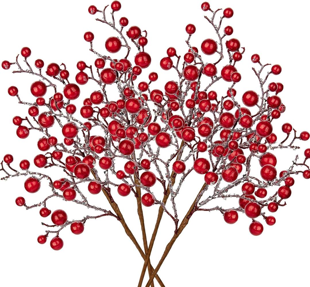 Hollyone 4 Pack Artificial Christmas Glitter Berries Stems, 19 Inch Fake Red Holly Berry Picks with Ice Snow for Christmas Tree Wreath Floral Arrangements Holiday Home Vase DIY Crafts Decor