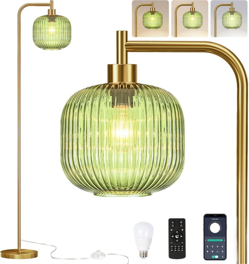 Glass Floor Lamp for Living Room,Bedroom,Gold Dimmable Standing Lamp with Remote,Mid Century Modern Brass Boho Tall Lamp Vintage Retro Floor Lamps Green Industria Floor Light Lamp Bohemian